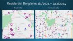 The number of residential burglaries from Jan. 1 to Feb. 12, 2024 is compared between the Town of Paradise Valley and surrounding cities.